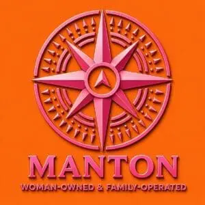 Pink compass logo with "Manton" text.