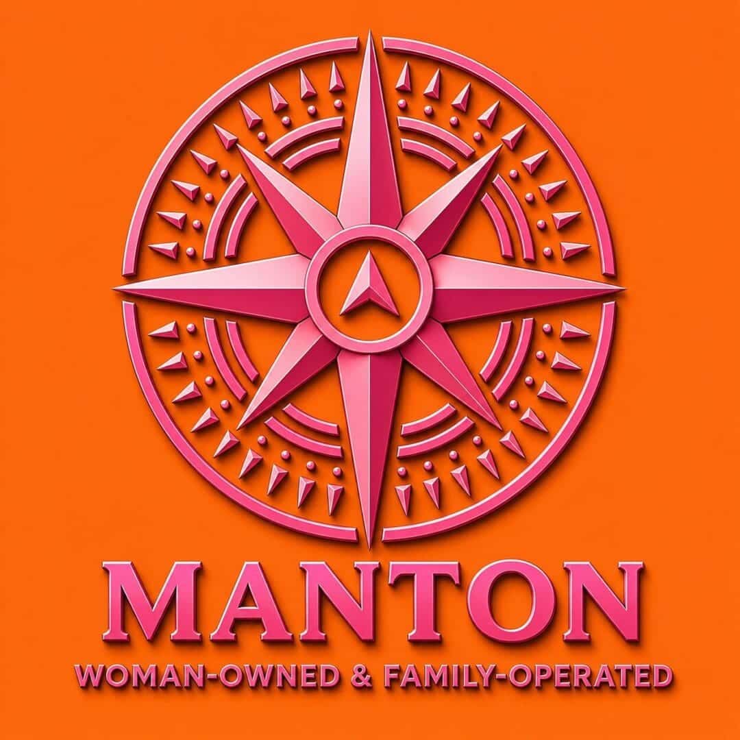 Pink compass logo with "Manton" text.
